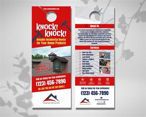 Front and back of a sample red roofing door hanger with a knock knock headline and a list of services
