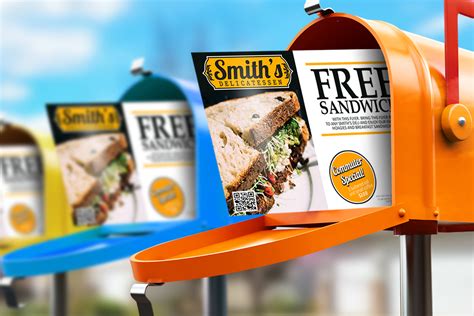 Row of colorful mailboxes with a free sandwich postcard sticking out of each one